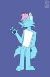  4_fingers anonymous_artist anthro canid canine canis cute_expression fangs fingers fluffy fluffy_hair fluffy_tail hair happy hi_res male mammal pink_hair simple_background viny waving_hand wolf 