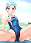  1girl absurdres black_eyes black_hair blue_swimsuit blurry breasts collarbone competition_swimsuit depth_of_field goggles goggles_on_head highres looking_at_viewer one-piece_swimsuit original short_hair sitting small_breasts solo spread_legs swim_cap swimsuit takafumi white_headwear 