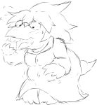  alphys anthro barefoot belly blush bodily_fluids buckteeth chubby_female clothed clothing coat eyewear female flying_sweatdrops front_view glasses hair lab_coat lizard looking_at_viewer monochrome n_inuinu open_mouth reptile scalie simple_background slightly_chubby solo standing sweat sweatdrop teeth thick_tail three-quarter_view topwear undertale video_games 