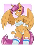  absurd_res ambris anthro anthrofied blush breasts cleavage clothed clothing ear_piercing equid equine friendship_is_magic hair hand_on_hip hi_res mammal my_little_pony orange_body panties pegasus piercing purple_eyes purple_hair scootaloo_(mlp) underwear wings 