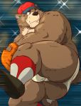  2020 anthro ball baseball_(ball) baseball_(sport) baseball_cap baseball_glove brown_body brown_fur bulge butt clothing fur hat headgear headwear hi_res humanoid_hands kemono male mammal overweight overweight_anthro overweight_male raichoclub solo sport underwear ursid 