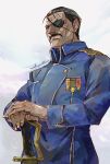  1boy absurdres amestris_military_uniform black_hair blue_jacket eyepatch facial_hair fullmetal_alchemist hands_on_hilt highres ikuyoan jacket king_bradley long_sleeves male_focus military_jacket mustache shiny shiny_hair signature solo upper_body white_background 