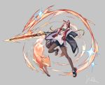  1girl animal_ears arknights bag black_jacket blue_eyes brown_hair cross cross_hair_ornament fingernails fire flaming_sword flaming_weapon fox gloves grey_background grey_gloves hair_ornament highres holding holding_sword holding_weapon jacket long_hair mask mek mouth_mask open_clothes open_jacket original pantyhose red_nails signature simple_background single_glove solo sparkle standing sword tail weapon 