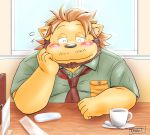  2020 anthro blush clothing eyes_closed felid kemono lion male mammal necktie overweight overweight_anthro overweight_male pantherine shirt sitting solo topwear toshi_(artist) 