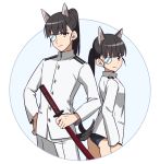  1boy 1girl absurdres animal_ears bangs black_hair blue_background blue_swimsuit brown_eyes closed_mouth dog_boy dog_ears dog_girl dog_tail dual_persona eyebrows_visible_through_hair eyepatch genderswap genderswap_(ftm) hand_on_hip highres holding holding_sheath ichiren_namiro jacket katana long_hair long_sleeves looking_at_viewer military_jacket pants ponytail sakamoto_mio sheath sheathed smile strike_witches swimsuit swimsuit_under_clothes sword tail two-tone_background weapon white_background white_jacket white_pants world_witches_series 