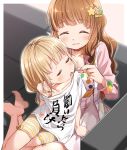  2girls :o ^_^ bangs blush breasts brown_hair cleavage closed_eyes closed_mouth clothes_writing couch eyebrows_visible_through_hair feeding food futaba_anzu hair_ornament holding holding_food idolmaster idolmaster_cinderella_girls long_hair long_sleeves low_twintails medium_breasts moroboshi_kirari multiple_girls off_shoulder on_couch open_mouth pink_skirt pleated_skirt polka_dot polka_dot_shirt shirt short_shorts short_sleeves shorts sitting skirt star_(symbol) star_hair_ornament striped striped_shorts twintails very_long_hair white_shirt you_work_you_lose yukie_(kusaka_shi) 