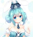  1girl animal_ears aqua_hair bangs bare_shoulders bicute_bunnies_miku black_bow blue_eyes blush bow breasts bunny_ears circle collarbone detached_collar detached_sleeves double_bun ear_ribbon fake_animal_ears hand_up hatsune_miku ikataruto large_breasts looking_at_viewer medium_breasts necktie pom_pom_(clothes) sidelocks smile solo strapless tie_clip upper_body vocaloid white_background wrist_cuffs 