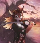  5_fingers anthro brown_eyes day detailed_background digital_media_(artwork) domestic_cat eyebrows eyelashes felid feline felis female fingers hi_res holding_object holding_sword holding_weapon mammal melee_weapon outside sky smile solo sword taurusart weapon 