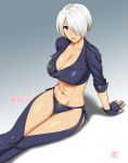  abs angel_(kof) bangs belt black_bra black_panties blue_eyes bra breasts chaps character_name cleavage commentary_request eyebrows fingerless_gloves gloves hair_over_one_eye heart highres jacket large_breasts lips panties parted_lips short_hair snk st.germain-sal the_king_of_fighters underwear watermark white_hair 