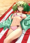  1girl absurdres bangs beach bikini bow breasts brown_eyes cardigan cleavage closed_mouth collarbone day floral_print green_cardigan green_hair hair_between_eyes hair_bow highres long_hair long_sleeves lying macross macross_delta multi-strapped_bikini navel on_back open_cardigan open_clothes outdoors pink_bikini pink_bow pote-mm print_bikini ranka_lee shiny shiny_hair small_breasts smile solo swimsuit 
