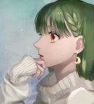  braid crescent crescent_earrings earrings green_hair grey_background highres jewelry macross macross_frontier parted_lips pote-mm profile ranka_lee red_eyes red_lips ribbed_sweater shiny shiny_hair short_hair single_braid sleeves_past_wrists sweater white_sweater 