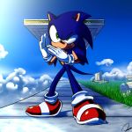  1:1 2020 anthro biped blue_body blue_fur blue_sky clothing cloud day detailed_background digital_media_(artwork) eulipotyphlan footwear fur gloves grass green_eyes handwear hedgehog hi_res looking_at_viewer male mammal nintendo outside p_ditty2 shoes sky smile solo sonic_the_hedgehog sonic_the_hedgehog_(series) standing super_smash_bros. triforce video_games 