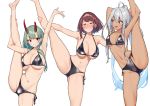  3girls absurdres ahoge ass_visible_through_thighs baffu bikini black_bikini blue_hair blush breasts broken_horn brown_hair cleavage commentary_request flexible green_hair heterochromia highres horns large_breasts leg_up long_hair looking_at_viewer multicolored_hair multiple_girls navel open_mouth original pointy_ears purple_eyes red_eyes red_horns short_hair side-tie_bikini silver_hair small_breasts split standing standing_on_one_leg standing_split streaked_hair swimsuit tears white_background 