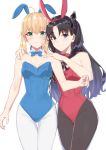  2girls ahoge animal_ears artoria_pendragon_(all) ass_visible_through_thighs bangs black_bow black_legwear blonde_hair blue_eyes blue_leotard blue_neckwear bow bowtie breasts brown_hair bunny_ears chip_le_cree cleavage closed_mouth detached_collar eyebrows_visible_through_hair fake_animal_ears fate/stay_night fate_(series) green_eyes hair_between_eyes hair_bow hair_intakes hairband hands_on_another&#039;s_shoulders highres leotard long_hair multiple_girls pantyhose playboy_bunny red_bow red_hairband red_leotard red_neckwear saber shiny shiny_hair short_hair_with_long_locks sidelocks simple_background small_breasts smile standing strapless strapless_leotard thigh_gap tohsaka_rin very_long_hair white_background white_legwear 