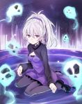  1girl absurdres bangs breasts cleavage darker_than_black dress ghost hair_ribbon highres long_hair long_sleeves pantyhose ponytail purple_dress purple_eyes ribbon silver_(metal) silver_hair sitting small_breasts solo starry_background tatsuhiko wariza white_hair yin_(darker_than_black) 