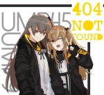  2girls 3o_c 404_(girls_frontline) 404_logo_(girls_frontline) black_gloves black_jacket bow brown_eyes brown_hair character_name english_text eyebrows_visible_through_hair girls_frontline gloves gun h&amp;k_ump hair_bow highres holding holding_weapon jacket long_hair looking_at_viewer multiple_girls one_eye_closed open_mouth partly_fingerless_gloves scar scar_across_eye shirt smile submachine_gun ump45_(girls_frontline) ump9_(girls_frontline) v weapon white_background white_shirt 