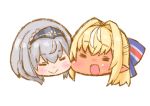  2girls :&gt; :d =_= bangs blonde_hair blush_stickers braid cheek-to-cheek chibi commentary couple crossed_bangs dark_skin diadem disconnected_mouth dot_nose eyebrows_visible_through_hair floating_head grey_hair hair_between_eyes hair_intakes hololive long_hair multicolored_hair multiple_girls nekoyama open_mouth shiranui_flare shirogane_noel short_hair sidelocks simple_background smile streaked_hair virtual_youtuber white_background 