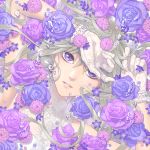  1girl droplet flower gloves grey_hair hands_up lace lace_gloves liquid long_hair minami_(minami373916) original parted_lips portrait purple_eyes purple_flower purple_rose rose solo 