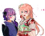  2girls 3o_c braid carcano_m1891_(girls_frontline) carcano_m91/38_(girls_frontline) cherry_blossoms closed_mouth eyebrows_visible_through_hair fan french_braid girls_frontline hair_ornament holding holding_fan japanese_clothes kimono long_hair looking_at_viewer multiple_girls open_mouth petals pink_hair purple_hair smile tagme white_background 