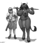  absurd_res anthro areola armor big_breasts bovid bovine breasts casual_nudity clothed clothing doctordj duo european_mythology female greek_mythology greyscale hair hi_res hooves horn horn_ring human jewelry larger_female loincloth looking_at_viewer male mammal melee_weapon minotaur monochrome mythology necklace nihea_avarta nipples roman size_difference sword tail_tuft thick_thighs topless tuft weapon wide_hips 