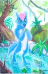  absurd_res anonymous_artist anthro blep blue_body blue_fur canid canine canis forest fur green_eyes hair hi_res holding_object male mammal painting_(artwork) pink_hair river solo tongue tongue_out traditional_media_(artwork) tree wolf 