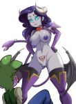  2020 alternate_species big_breasts blue_eyes breasts clothing demon demon_humanoid friendship_is_magic genitals hand_on_hip hasbro humanoid legwear mostly_nude my_little_pony not_furry pia-sama pussy rarity_(mlp) simple_background spike_(mlp) thigh_highs white_background 