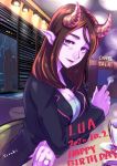  1girl blazer brown_hair cigarette coffee_mug coffee_talk cup demon_girl english_text horns indoors jacket jewelry looking_at_viewer lua_(coffee_talk) m_shiroki mug pointy_ears purple_eyes purple_skin rain ring solo succubus window 