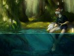  4_toes 5_fingers anthro canid canine canis clothed clothing day detailed_background digital_media_(artwork) female fingers forest grass hi_res kodama_(princess_mononoke) mammal moss outside sitting smile taurusart toes tree wolf 