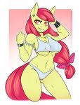  absurd_res ambris anthro anthrofied apple_bloom_(mlp) big_breasts blush bow breasts cleavage clothed clothing ear_piercing ear_ring equid equine female friendship_is_magic hair hasbro hi_res mammal my_little_pony nipple_outline panties piercing red_hair solo under_boob underwear yellow_body 