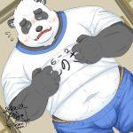  1:1 2020 anthro belly black_body black_fur blush bottomwear bulge clothing fur giant_panda hi_res humanoid_hands japanese_text kemono male mammal navel overweight overweight_anthro overweight_male shorts solo tanutronik753_k text ursid white_body white_fur 