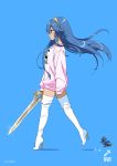  1girl blue_background blue_eyes blue_hair boots choker clothes_writing commentary dress english_commentary fire_emblem fire_emblem_awakening full_body high_heel_boots high_heels highres long_hair long_sleeves lucina_(fire_emblem) mask mask_removed motion_blur pink_dress pink_sweater profile rpofile simple_background sleeves_past_wrists solo super_smash_bros. sweater sweater_dress thigh_boots thighhighs tiara tom_skender twitter_username very_long_hair walking white_choker white_footwear zettai_ryouiki 