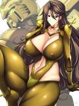  1girl absurdres artist_name breasts brown_hair cleavage covered_nipples g_gundam glowing glowing_eyes god_gundam green_eyes gundam gundam_00 haganef hand_in_hair highres large_breasts long_hair looking_at_viewer mecha mobile_trace_suit navel sitting smile sumeragi_lee_noriega thick_thighs thighs very_long_hair 