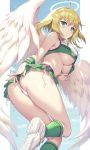  1girl :t absurdres angel angel_wings ass bangs bare_shoulders blonde_hair blush breasts cheerleader commission crop_top feathered_wings gomashio_ponz green_eyes halo highres large_breasts looking_at_viewer looking_back microskirt original panties partially_visible_vulva pleated_skirt pout shoes short_hair skirt sleeveless sneakers socks solo thighs underboob underwear white_panties wings wristband 