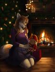  5_fingers anthro blue_eyes breasts canid canine canis clothed clothing digital_media_(artwork) eyebrows eyelashes female fingers fire hi_res kneeling mammal smile taurusart wolf 
