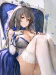  1girl azur_lane bangs bare_shoulders breasts china_dress chinese_clothes cleavage commentary_request cross cross_earrings dress earrings elbow_gloves eyebrows_visible_through_hair fingerless_gloves gloves grey_hair hair_between_eyes hand_on_own_chest hand_on_own_knee highres jewelry knees_up konnichiwa_kanemura lace-trimmed_legwear lace_trim large_breasts long_hair mole mole_under_eye parted_lips red_eyes saint-louis_(azur_lane) saint-louis_(brilliant_paladin)_(azur_lane) sitting sleeveless sleeveless_dress solo thighhighs thighs white_dress white_gloves white_legwear 