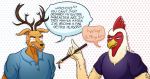  angry anthro antlers avian beastars bird bodily_fluids cervid chicken clothed clothing crying dialogue duo english_text feathers female galliform gallus_(genus) horn humor legom_(beastars) louis_(beastars) male mammal meme pen phasianid simple_background smug sukoshi13 tears text 