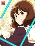  1girl bangs brown_eyes brown_hair brown_shirt closed_mouth dai_suke_judo_bjj from_side hair_between_eyes hibike!_euphonium highres kitauji_high_school_uniform long_hair long_sleeves looking_at_viewer oumae_kumiko sailor_collar sailor_shirt school_uniform shiny shiny_hair shirt smile solo upper_body v white_sailor_collar 