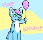  anonymous_artist anthro balloon birthday blue_body blue_fur canid canine canis fluffy fluffy_tail fur green_eyes hair happy hi_res holding_object male mammal pink_hair simple_background solo text viny wolf 