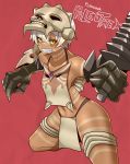  1girl altronage character_name clenched_teeth dark_skin english_commentary genderswap genderswap_(mtf) highres looking_at_viewer mecha_musume paleotrex personification predacon short_hair solo teeth transformers transformers:_war_for_cybertron_trilogy white_hair yellow_eyes 
