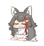  1girl :&lt; animal_ear_fluff animal_ears animal_on_lap bangs barefoot black_hair black_shorts blush blush_stickers cat cat_on_lap chibi closed_eyes closed_mouth clothing_cutout commentary_request crossed_bangs eyebrows_visible_through_hair gender_request hair_between_eyes hair_ornament hairclip hand_on_another&#039;s_head hololive long_hair long_sleeves multicolored_hair nekoyama ookami_mio shirt short_shorts shorts shoulder_cutout sidelocks simple_background sitting smile solo_focus streaked_hair taiga_(ookami_mio) very_long_hair virtual_youtuber whiskers white_background white_shirt wolf_ears wolf_girl 