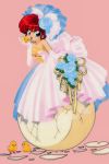  1990s_(style) 1girl animal bird blue_eyes bouquet chick cracked_egg dress elbow_gloves flower gloves hair_flower hair_ornament holding holding_animal holding_bouquet looking_at_viewer nakajima_atsuko official_art open_mouth pink_dress pink_gloves ranma-chan ranma_1/2 red_hair saotome_ranma solo strapless strapless_dress 