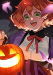  1girl :d bangs dress_shirt freyja_wion green_eyes hair_between_eyes hair_ornament halloween_costume heart heart_hair_ornament highres holding jack-o&#039;-lantern macross macross_delta medium_hair nail_polish neck_ribbon open_mouth orange_hair orange_nails pote-mm purple_sleeves red_ribbon ribbon shiny shiny_hair shirt smile solo striped striped_legwear upper_body vertical-striped_legwear vertical_stripes white_shirt 