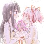  2girls ^_^ akemi_homura aoki_ume beige_shirt black_hair black_hairband bouquet character_name closed_eyes closed_mouth commentary_request eyebrows_visible_through_hair face-to-face fingernails flower from_side hair_ribbon hairband hands_up happy happy_birthday height_difference holding holding_bouquet jitome kaname_madoka laughing light_blush light_particles long_hair long_sleeves looking_at_another mahou_shoujo_madoka_magica multiple_girls nape official_art open_mouth pink_flower pink_hair profile purple_eyes red_ribbon ribbon shirt sidelocks simple_background smile straight_hair text_focus twintails upper_body white_background 