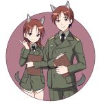  1boy 1girl absurdres animal_ear_fluff animal_ears bangs black_neckwear breasts brown_background brown_eyes brown_hair closed_mouth collared_shirt dual_persona eyebrows_visible_through_hair genderswap genderswap_(ftm) green_jacket green_pants hand_up highres ichiren_namiro index_finger_raised jacket long_hair long_sleeves looking_at_viewer military_jacket minna-dietlinde_wilcke necktie no_pants pants parted_bangs shirt small_breasts smile strike_witches tail two-tone_background white_background white_shirt wolf_boy wolf_ears wolf_girl wolf_tail world_witches_series 
