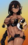  1girl azur_lane bare_shoulders black_hair braid breasts cleavage colorized crop_top dark_skin gradient gradient_background hair_between_eyes hori_(hori_no_su) native_american navel satansoft1 self_upload short_shorts shorts south_dakota_(azur_lane) stomach 