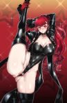  1girl absurdres black_leotard gggg gloves hair_ribbon highres jacket leotard long_hair persona persona_5 persona_5_the_royal ponytail red_eyes red_gloves red_hair revealing_clothes ribbon solo split standing standing_on_one_leg standing_split thighhighs yoshizawa_kasumi 