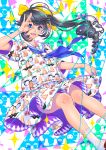  1girl bangs black_hair blue_eyes blue_neckwear dress feet_out_of_frame floating_hair hair_ribbon looking_at_viewer minami_(minami373916) neckerchief open_mouth original print_dress ribbon sailor_collar short_sleeves smile socks solo swept_bangs yellow_ribbon 