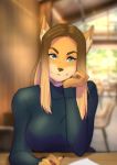  absurd_res anthro big_breasts breasts cafe canid canine canis domestic_dog female hair hi_res long_hair mammal shiba_inu shy simple_background smile solo spitz turtleneck turtleneck_sweater zanzagen 