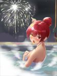  1girl :o bangs bare_shoulders bathing blush breasts fireworks hair_bun heterochromia highres hololive houshou_marine large_breasts long_hair looking_at_viewer naked_towel night nyaa28 open_mouth pointing red_eyes red_hair solo towel virtual_youtuber wet yellow_eyes 