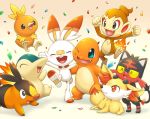  blush charmander chimchar closed_eyes commentary_request confetti cyndaquil fangs fennekin gen_1_pokemon gen_2_pokemon gen_3_pokemon gen_4_pokemon gen_5_pokemon gen_6_pokemon gen_7_pokemon gen_8_pokemon green_eyes kemonomichi_(blue_black) litten no_humans open_mouth pokemon pokemon_(creature) scorbunny starter_pokemon tepig tongue torchic 